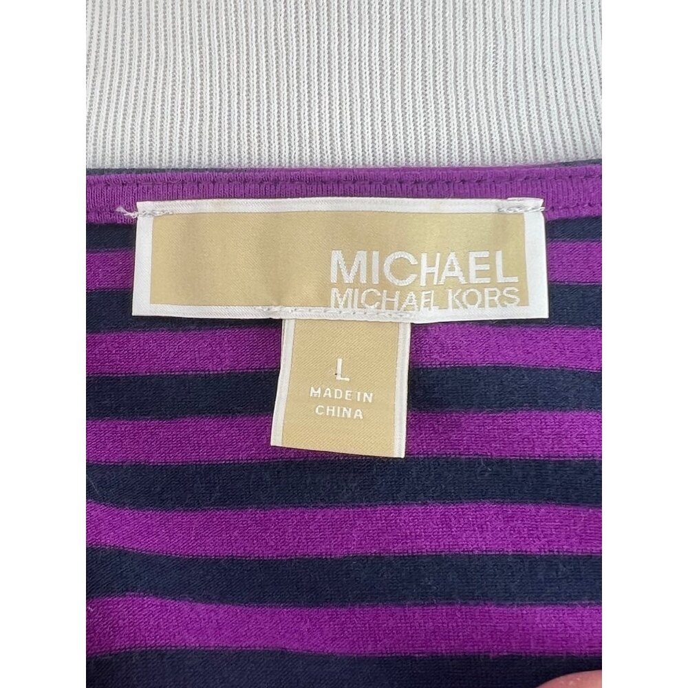 Michael Kors Purple & Black Striped V-Neck & Gold Logo Zip Accent Casual Top - Picture 9 of 12